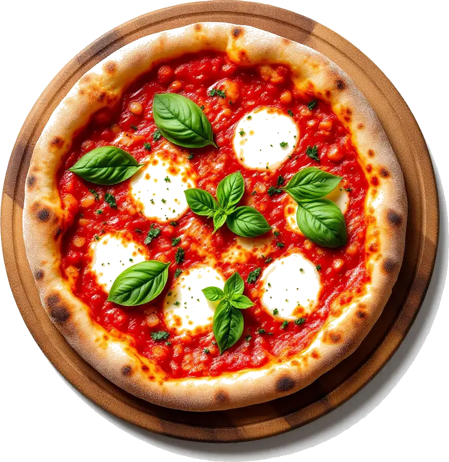 Pizza margherita su tagliere di legno